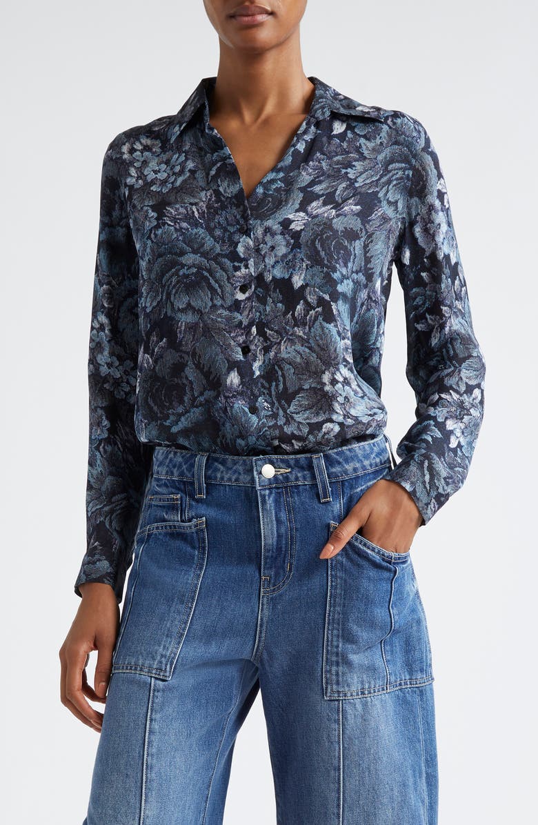 L'AGENCE Nina Floral Print Silk Button-Up Shirt, Main, color, 