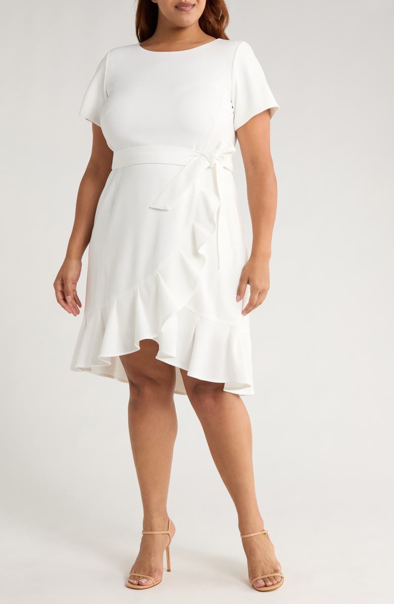 Calvin Klein Short Sleeve Ruffle Faux Wrap Dress, Main, color, Cream