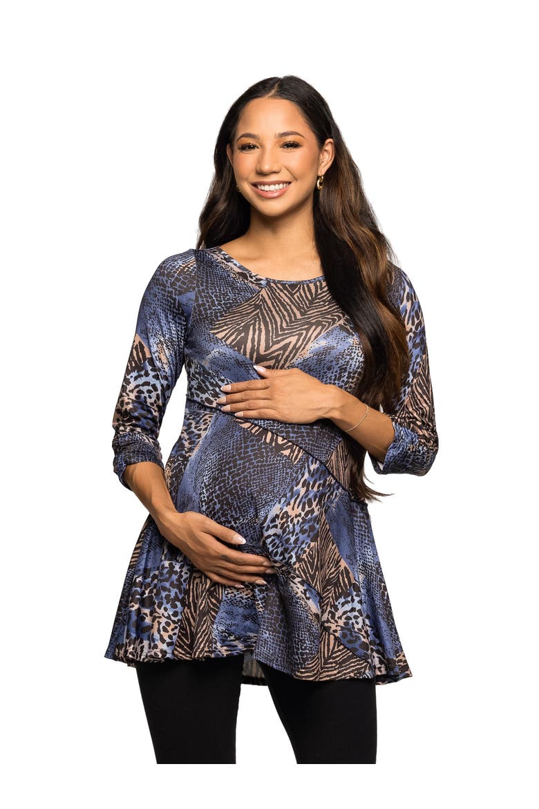 Maternity Essential Animal Print Three Quarter Sleeve Tunic Top, Main, color, Blue Multi