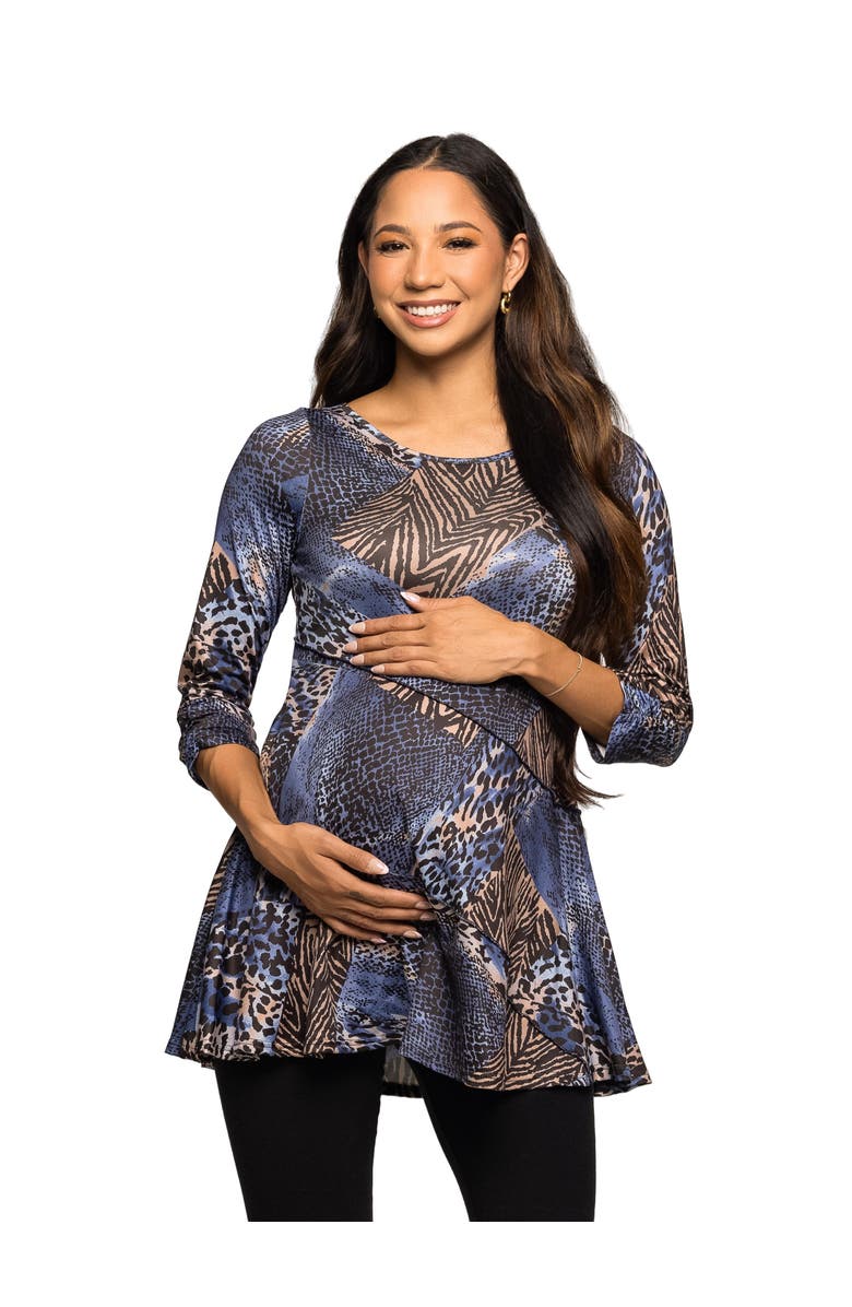 24seven Comfort Apparel Maternity Essential Animal Print Three Quarter Sleeve Tunic Top, Main, color, Blue Multi