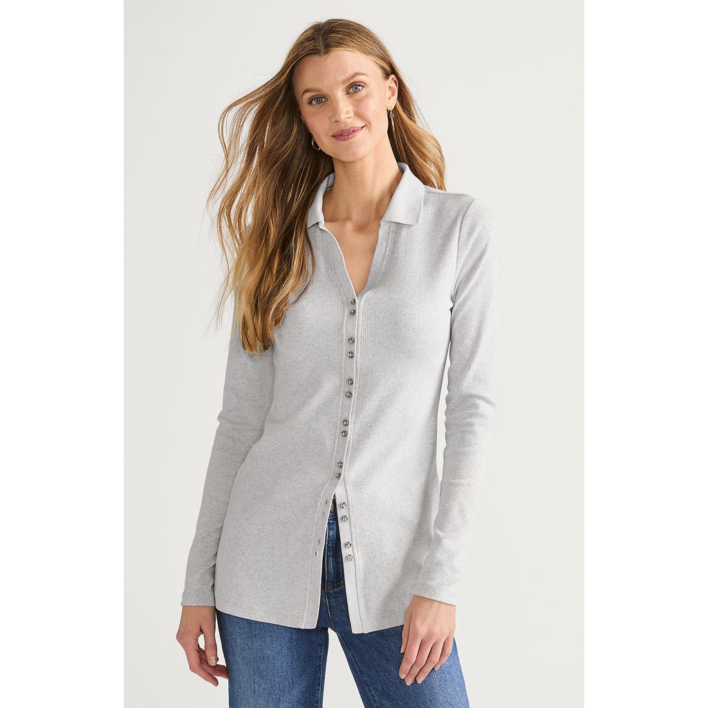 Lands' End Long Sleeve Polished Rib Button Through Tunic Shirt In Soft Light Gray Heather