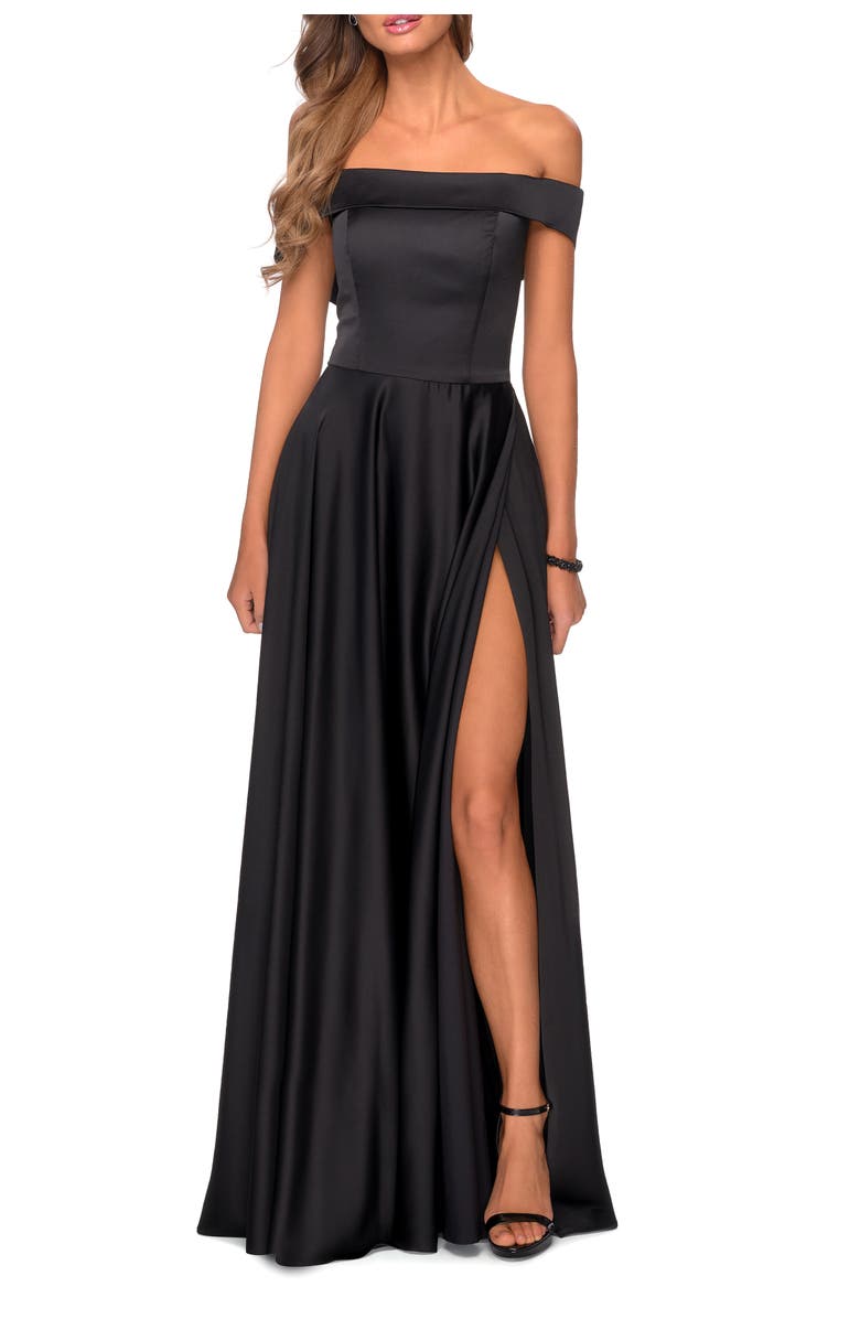 La Femme Satin Off the Shoulder Evening Dress with Pockets, Main, color, Black