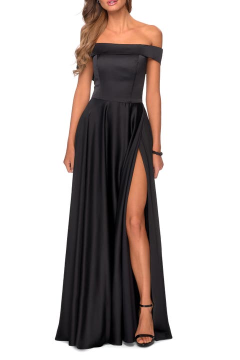 Satin Off the Shoulder Evening Dress with Pockets