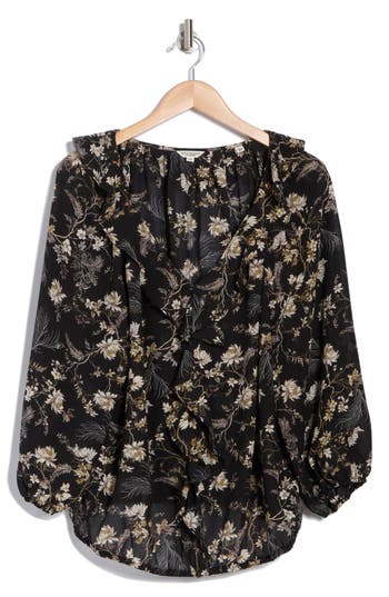 Max Studio Ruffle V-neck Long Sleeve Top In Black Feather Blossom