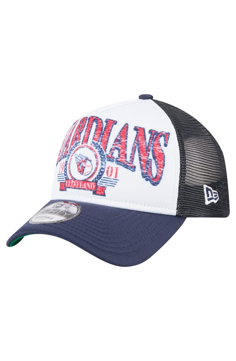 New Era Men's New Era White/Navy Cleveland Guardians Distressed 9FORTY A-Frame Adjustable Trucker Hat, Main, color, White