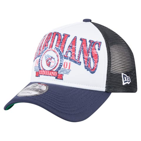 Men's New Era White/Navy Cleveland Guardians Distressed 9FORTY A-Frame Adjustable Trucker Hat