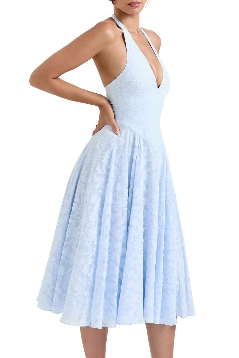 Arietta Floral Jacquard Plunge Halter Neck Dress, Alternate, color, ICE WATER
