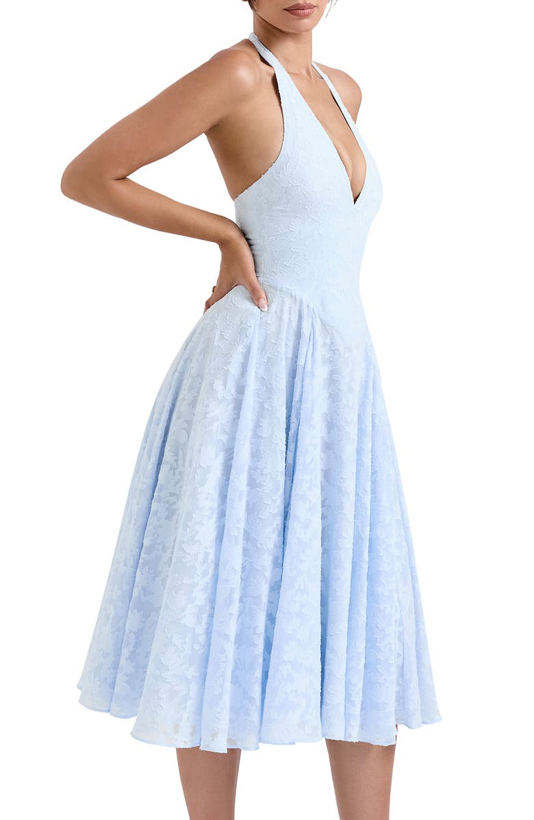 HOUSE OF CB Arietta Floral Jacquard Plunge Halter Neck Dress, Alternate, color, Ice Water