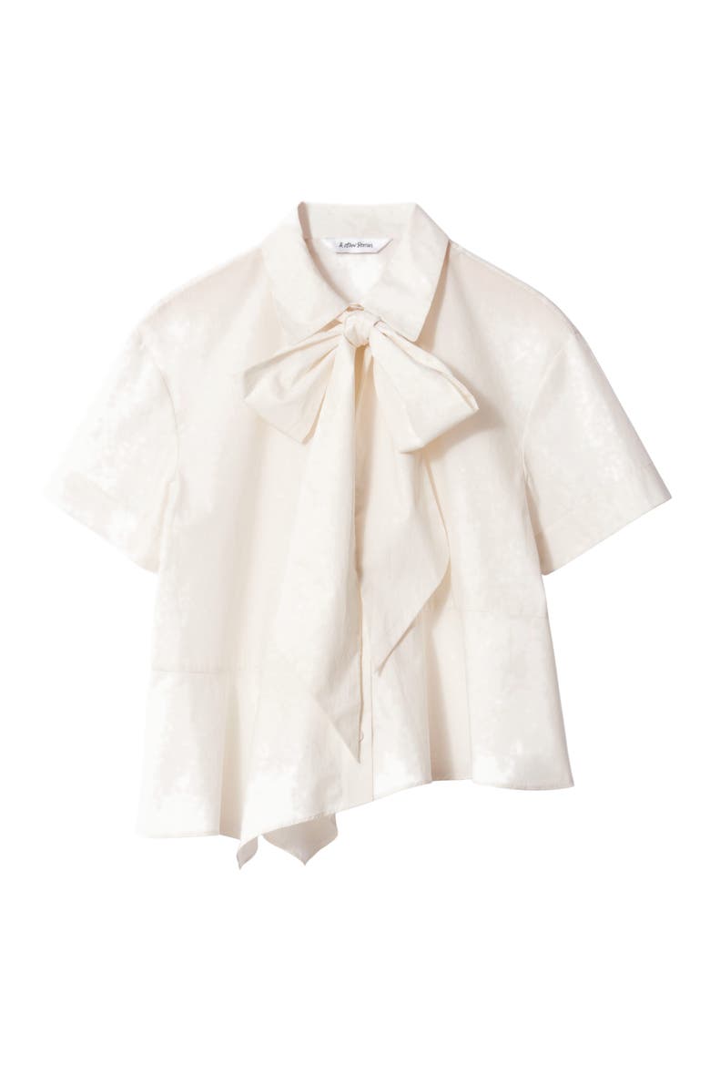 Tie Neck Asymmetric Cotton Button-Up Shirt, Alternate, color, WHITE DUSTY LIGHT