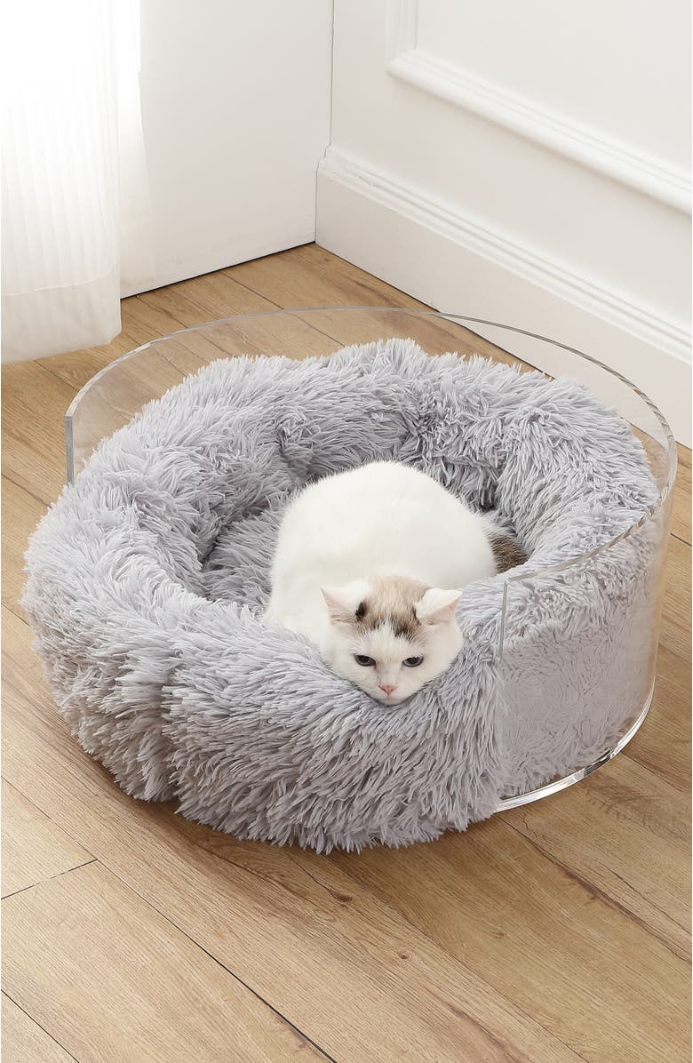 The Licker Store Bette 20.75" x 20.75" Small/Medium Modern Lucite Calming Fluffy Donut Pet Bed with Washable Cover, Alternate, color, Light Gray/Clear