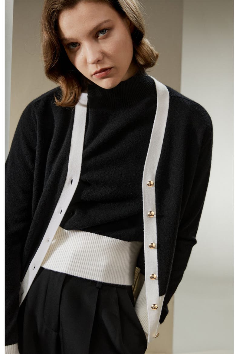 Women's Gemini Cashmere Cardigan with Contrasting Hem, Alternate, color, Black