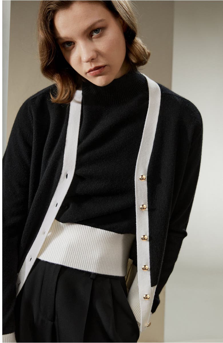 Lilysilk Gemini Cashmere Cardigan with Contrasting Hem, Alternate, color, Black