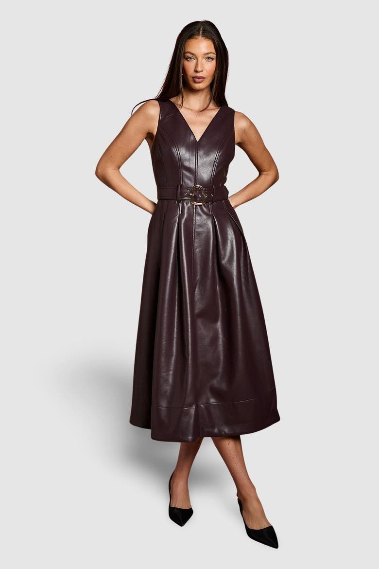 Sleeveless Pu Belted Dress, Main, color, Brown