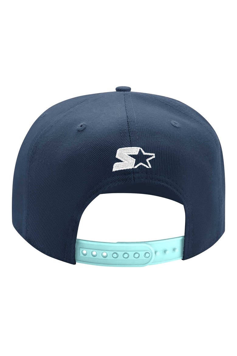 Men's Starter Deep Sea Blue/Light Blue Seattle Kraken Arch Logo Two-Tone Snapback Hat, Alternate, color, Navy