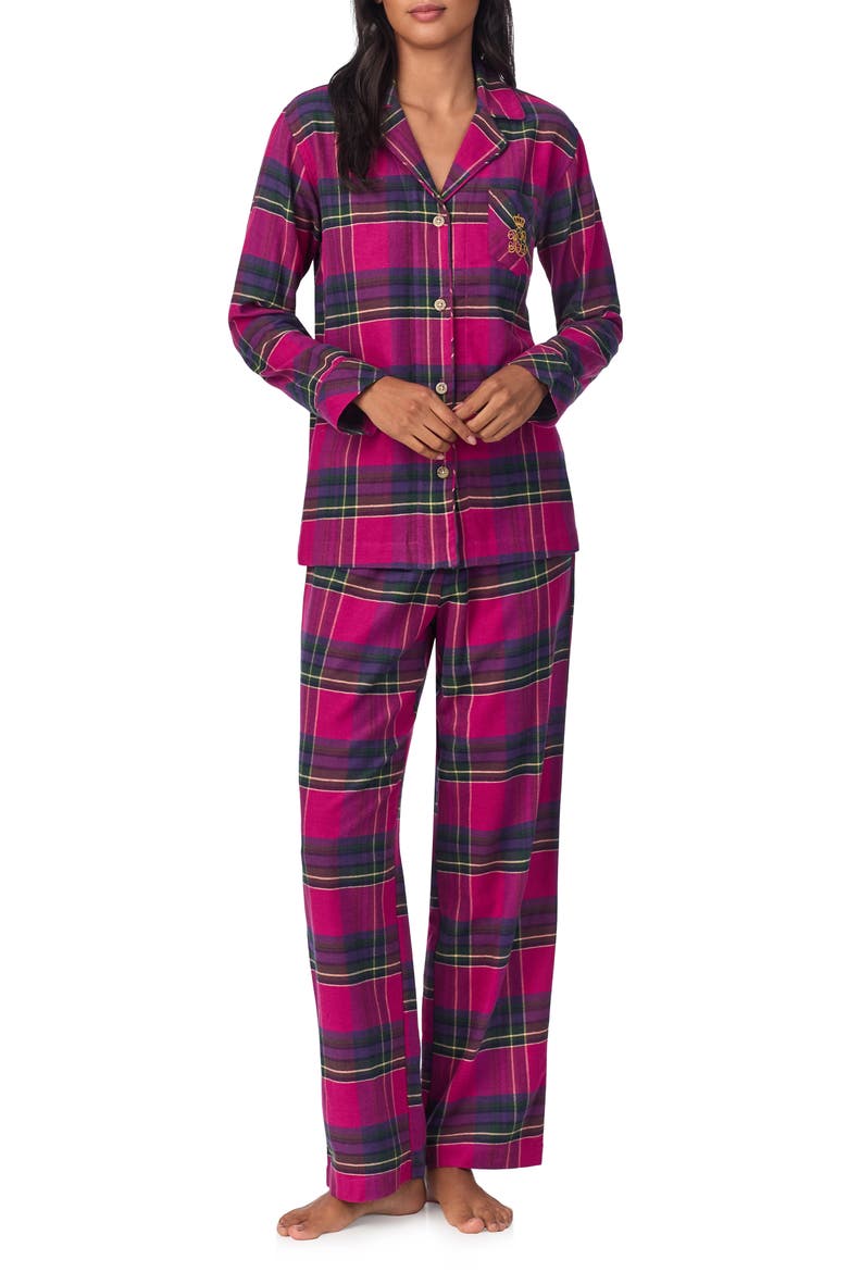 Print Cotton Blend Pajamas, Main, color, DARK PINK PLAID