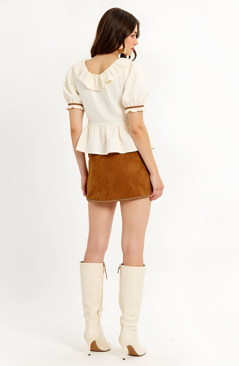 Modenaire Ruffle Trim Peplum Blouse with Puff Sleeves and Tie Front, Alternate, color, 