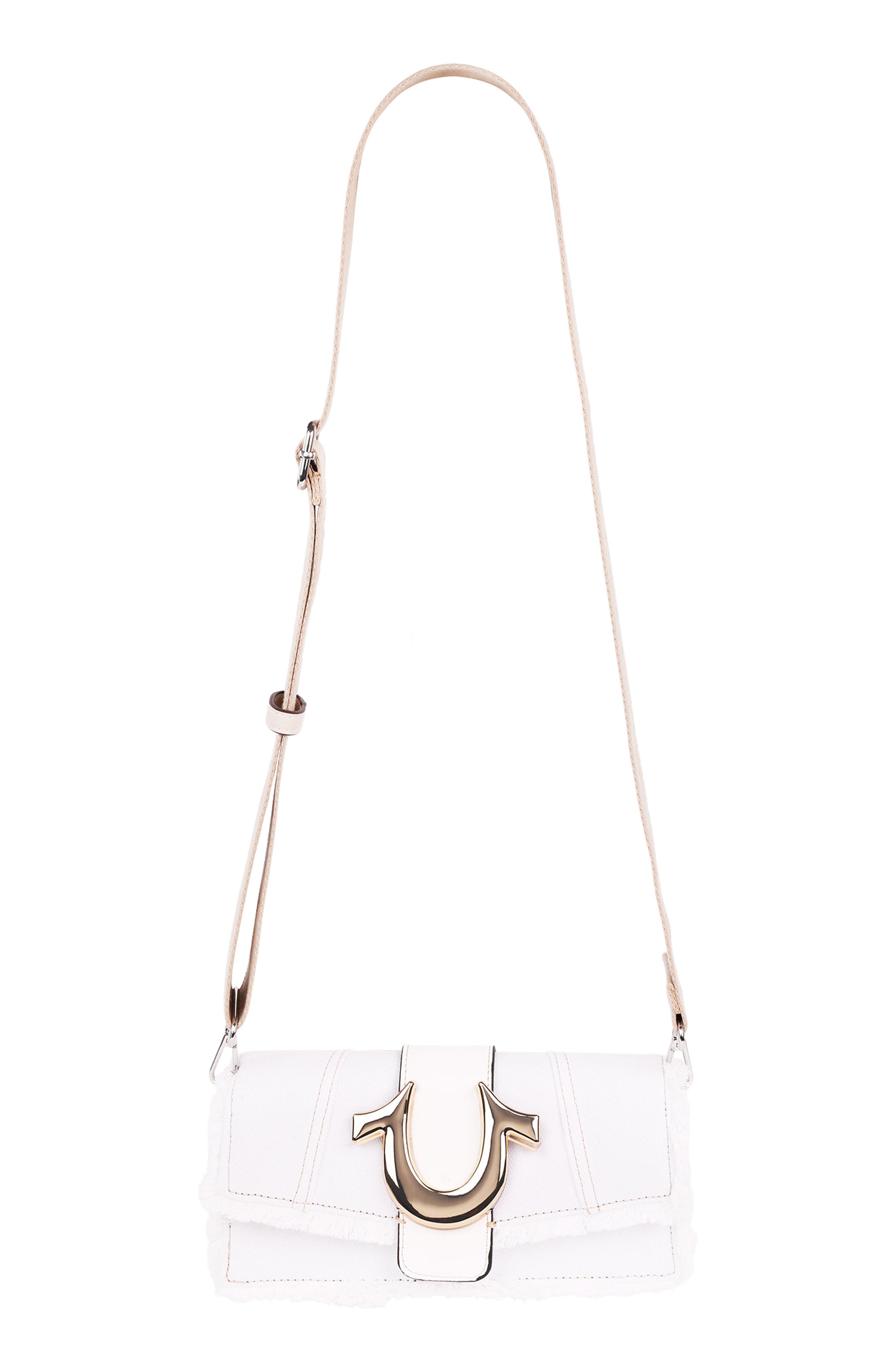 Frayed Denim Flap Bag with Logo Strap, Alternate, color, WHITE