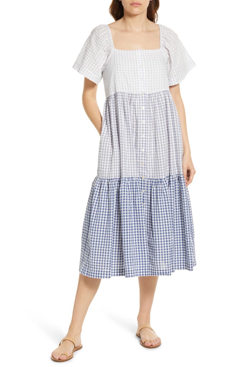 Madewell Patchwork Gingham Button Front Tiered Midi Dress, Main, color, 