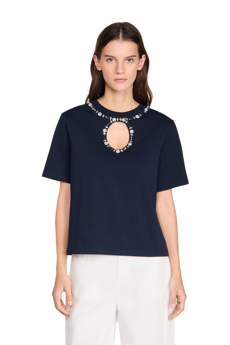 Rhinestone openwork T-shirt, Main, color, Navy blue