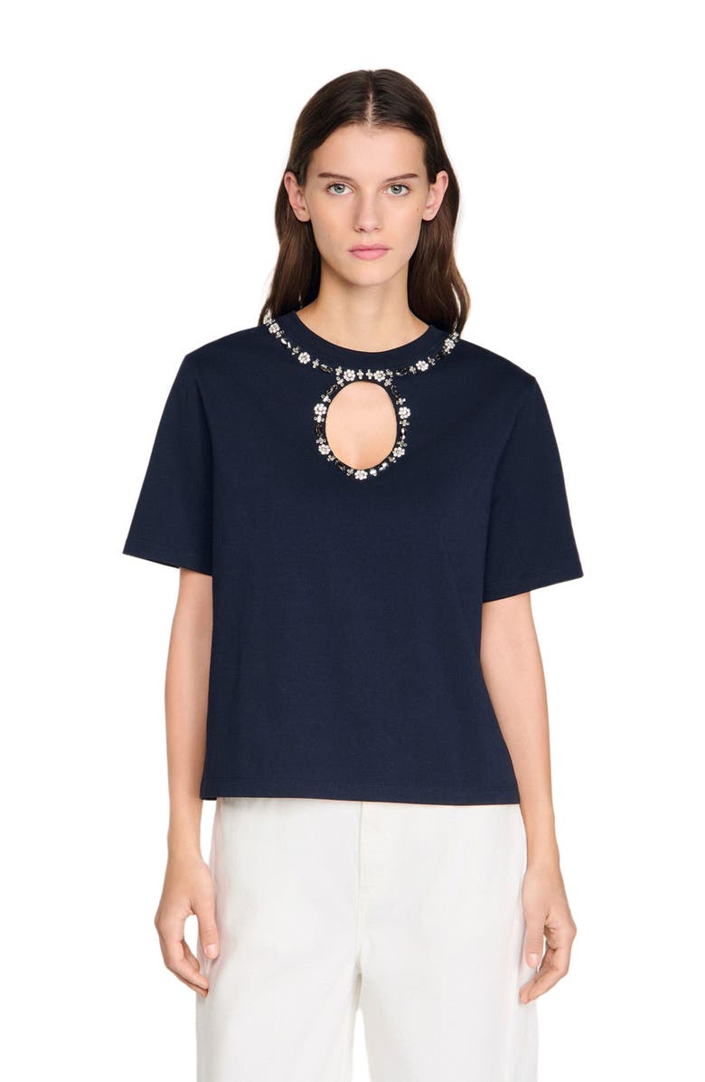 SANDRO Rhinestone openwork T-shirt, Main, color, Navy Blue