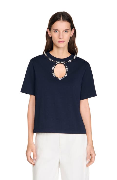 Rhinestone openwork T-shirt