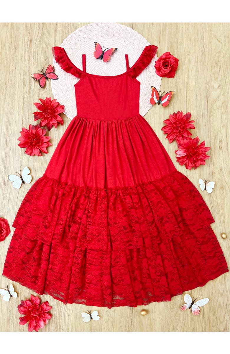 Mia Belle Girls Ruby Red Tiered Lace Ruffle Maxi Dress, Alternate, color, 