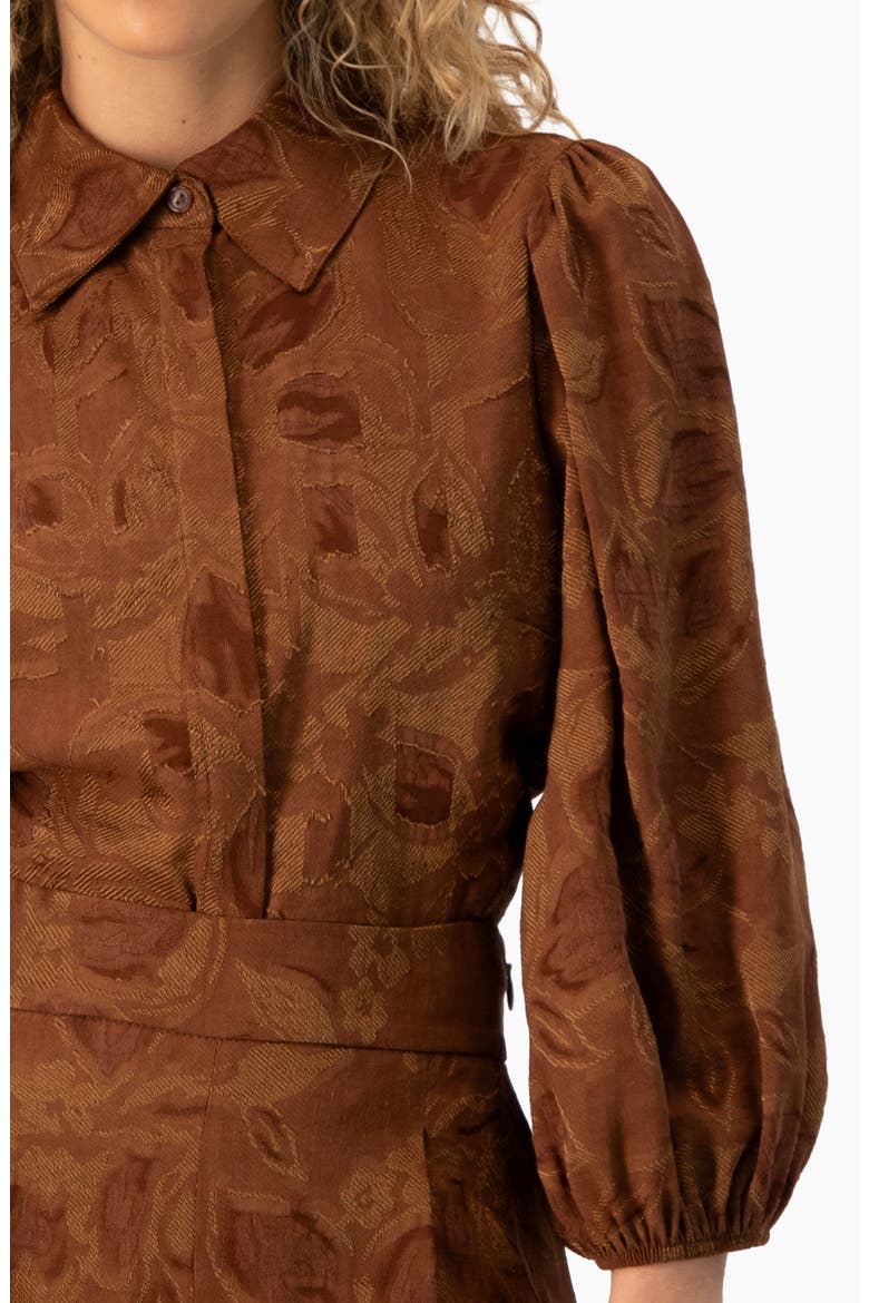 Floral Jacquard 3/4 Puff-Sleeve Button-Down Collared Shirt, Alternate, color, Chocolate