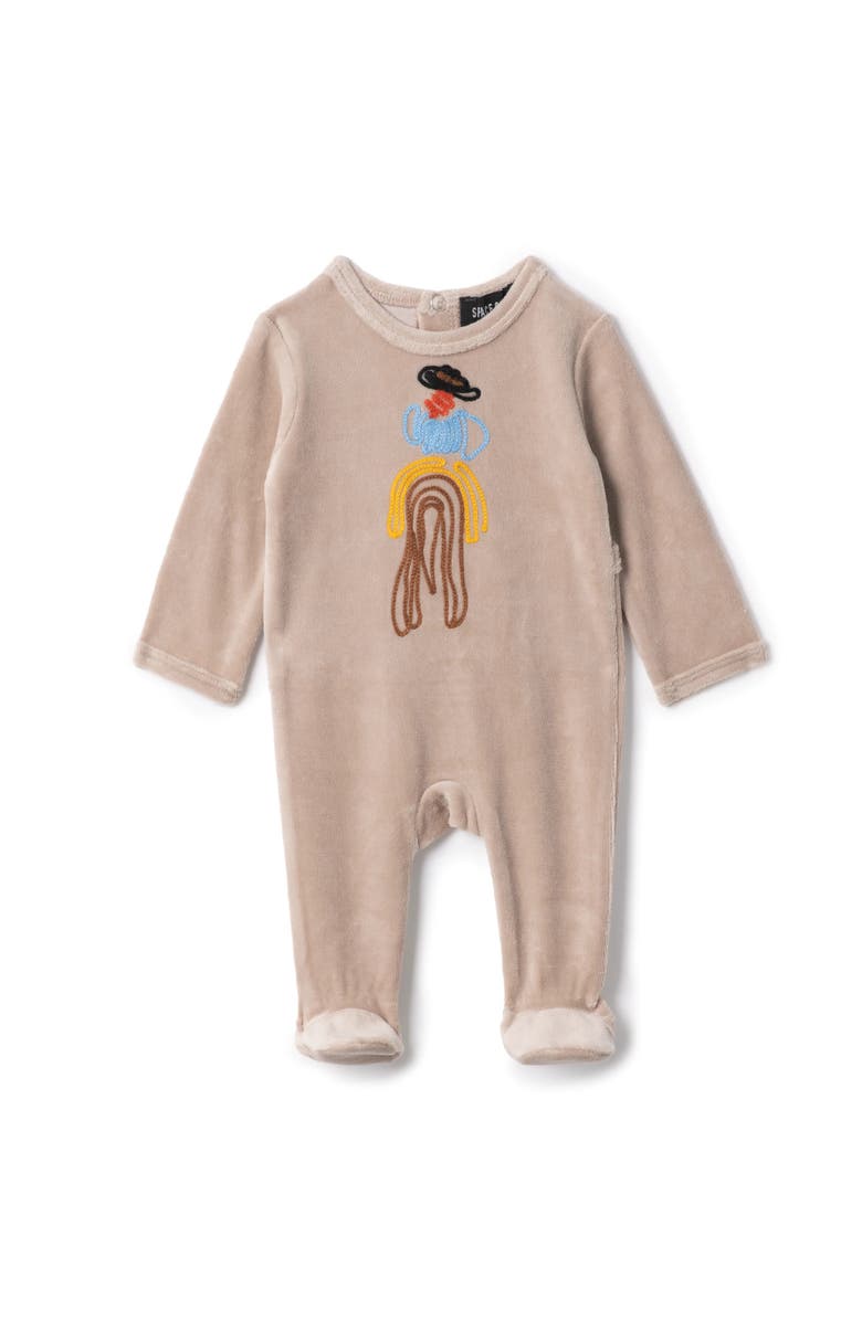 Space Grey Cowboy Embroidered Velour Romper, Main, color, Beige