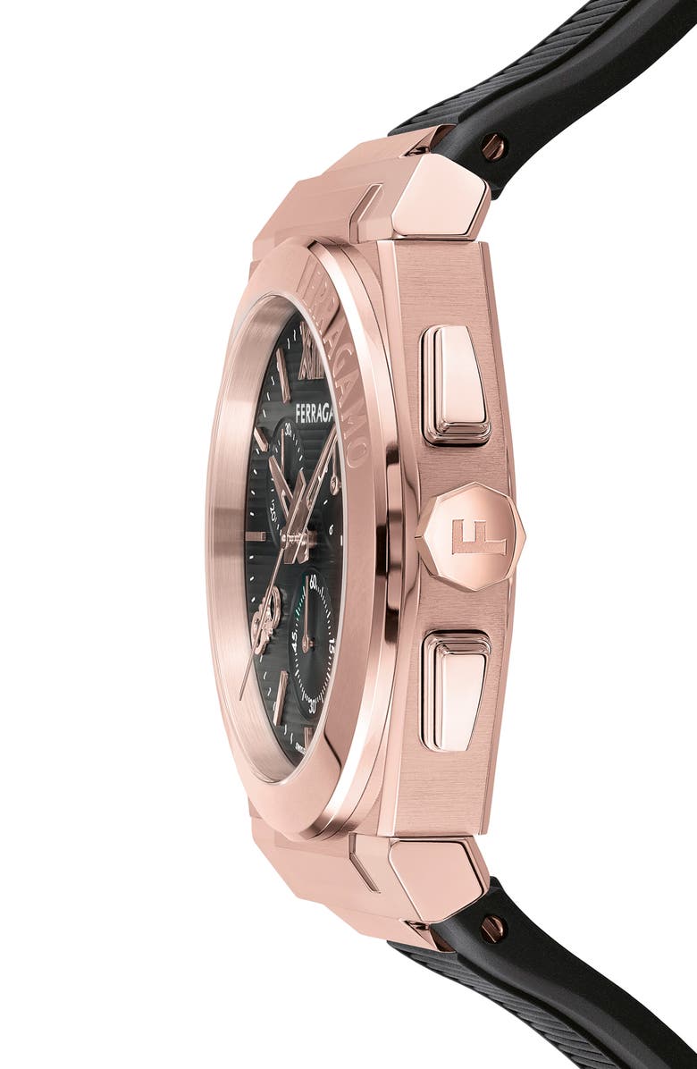 FERRAGAMO Vega Chronograph Silicone Strap Watch, 42mm, Alternate, color, Ip Rose Gold