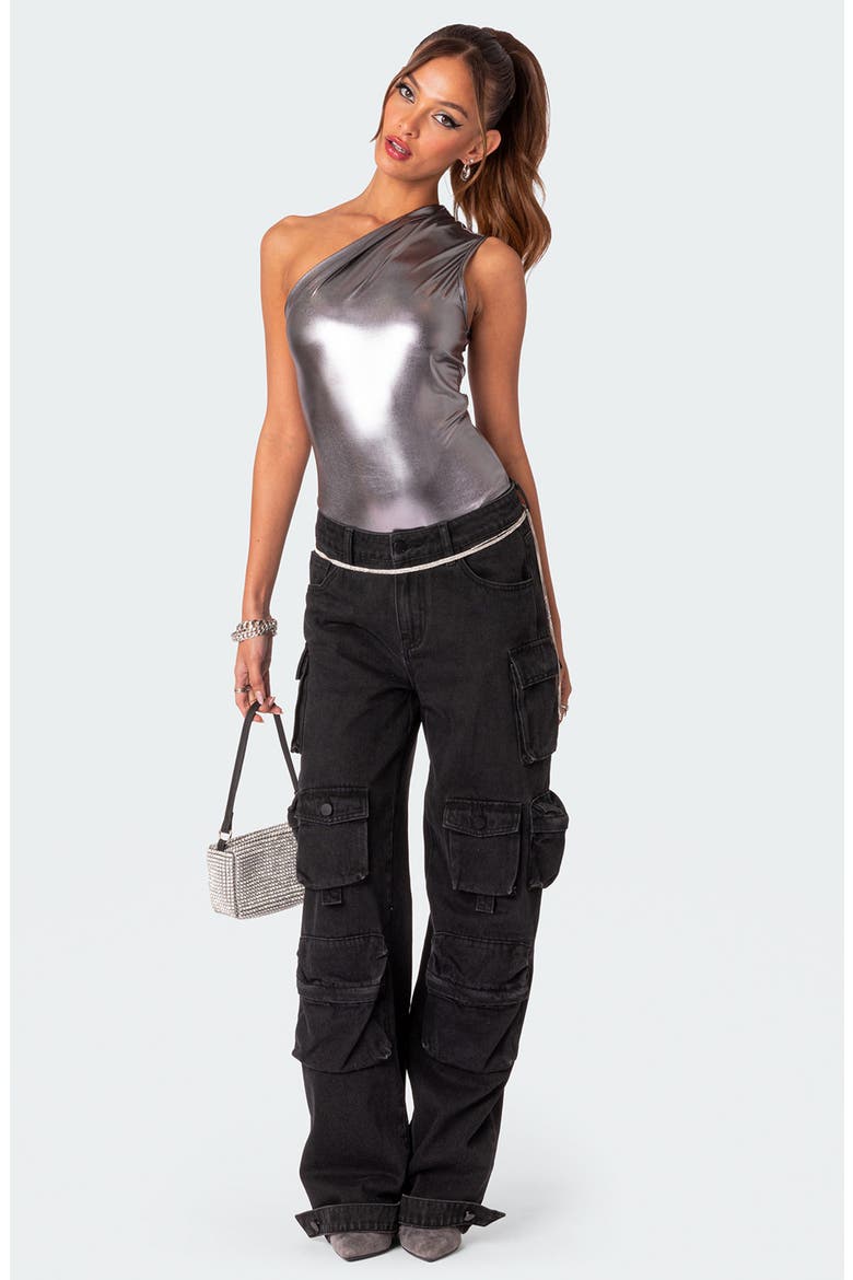 Feona Metallic One-Shoulder Bodysuit, Alternate, color, SILVER