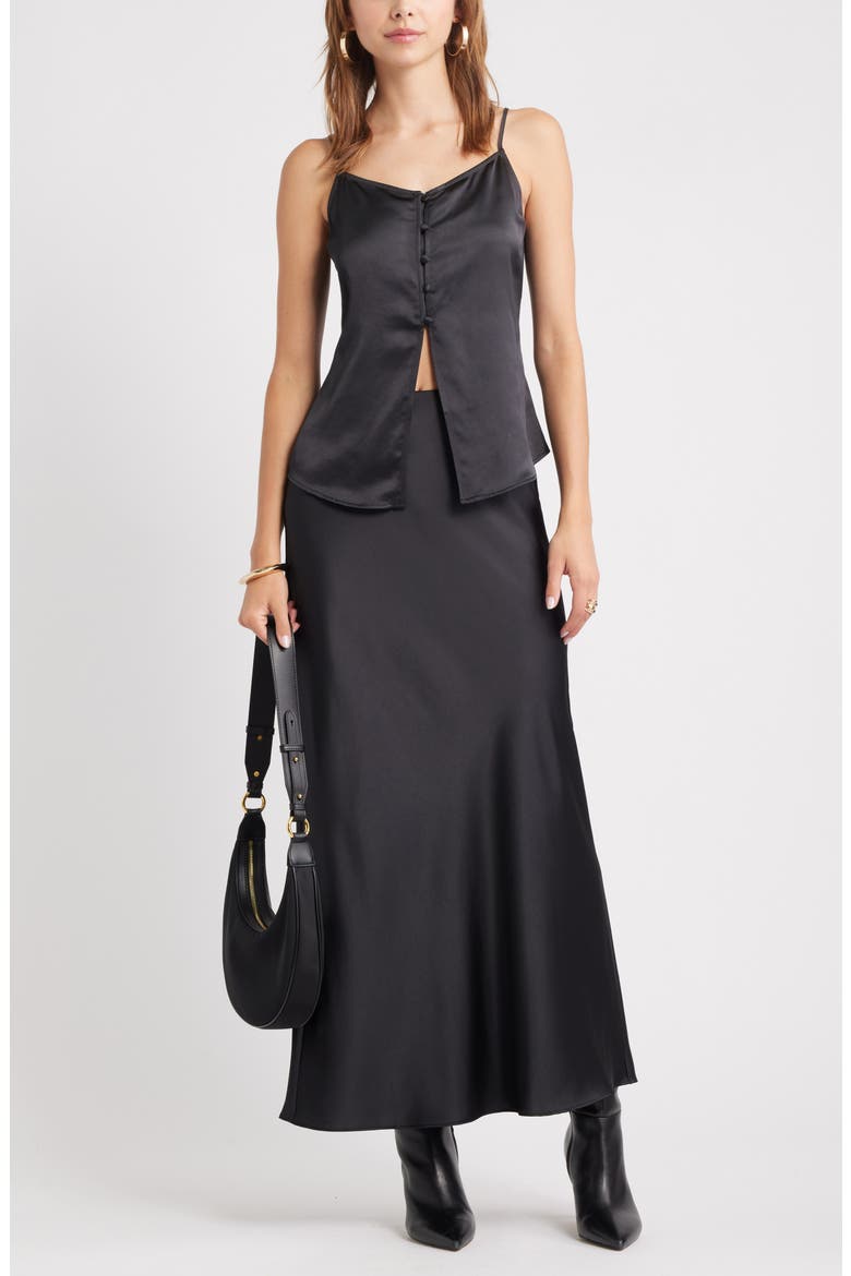 Split Front Satin Button-Up Camisole, Alternate, color, BLACK