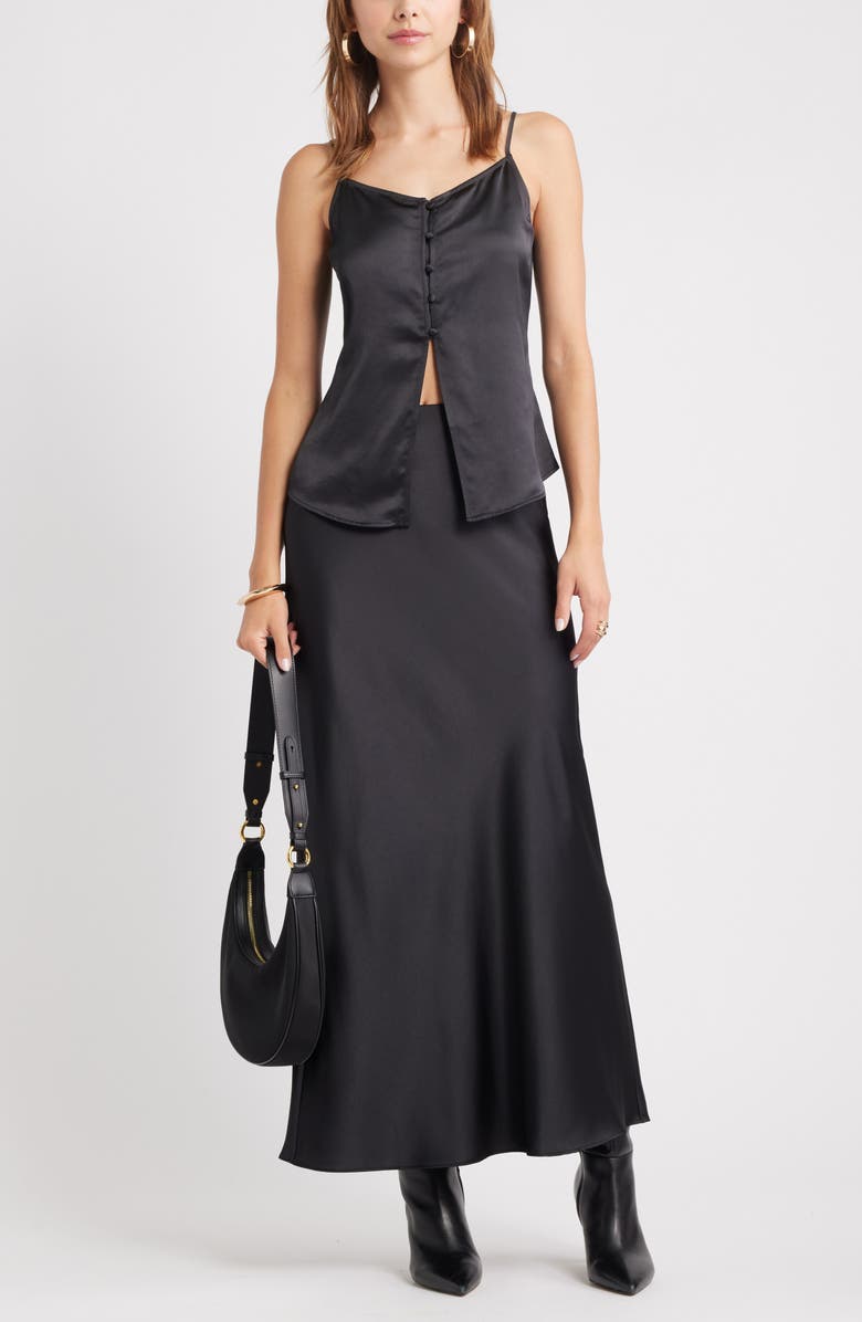 Open Edit Split Front Satin Button-Up Camisole, Alternate, color, Black