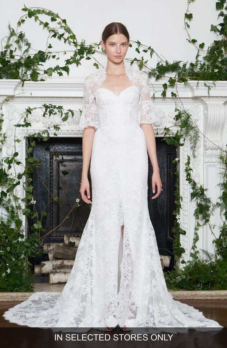 Monique Lhuillier Apple Chantilly Lace Bolero, Main, color, 