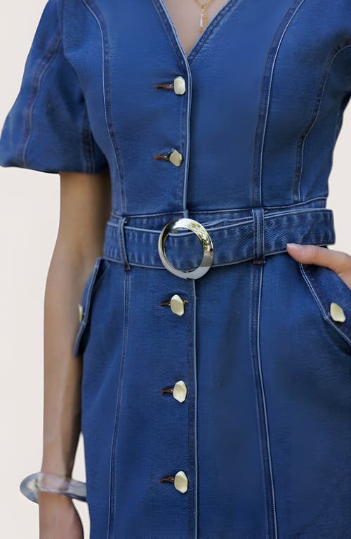 Modenaire Puff-sleeve Button-up Midi Dress In Blue