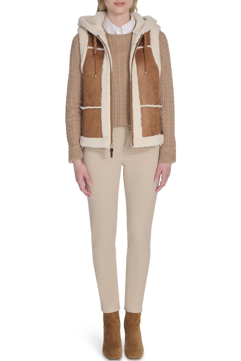 Hooded Faux Waxed Suede & Faux Shearling Vest, Alternate, color, HAZELNUT