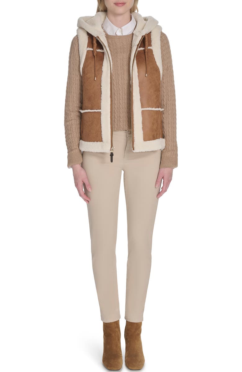 Cole Haan Hooded Faux Waxed Suede & Faux Shearling Vest, Alternate, color, Hazelnut