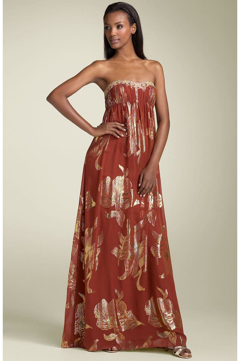 Strapless Metallic Weave Gown, Main, color, COGNAC