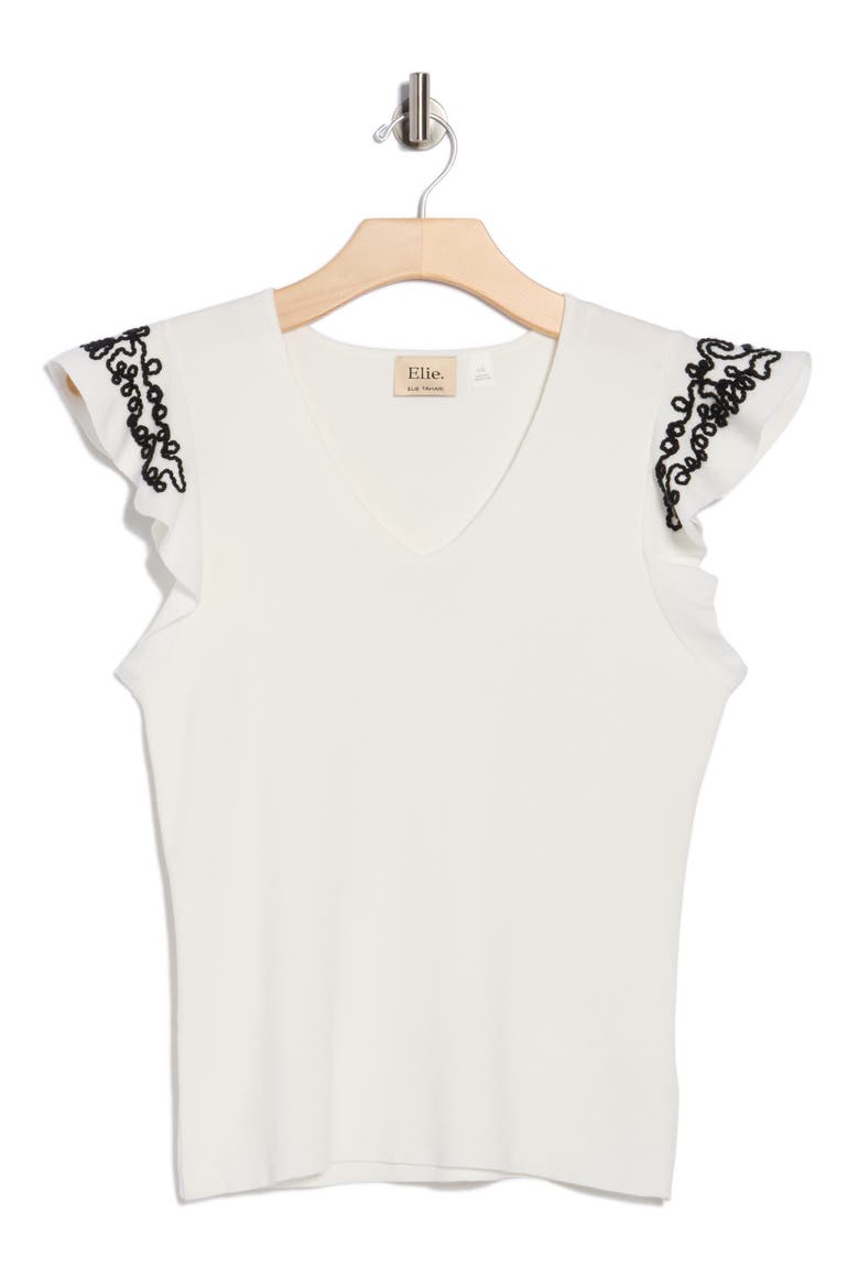V-Neck Ruffle Sleeve Top, Alternate, color, WHITE STAR/ BLACK