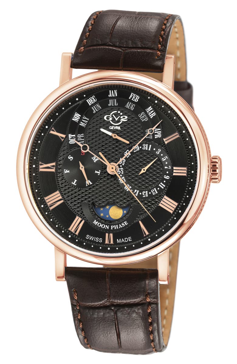 GV2 Maestro Croc Embossed Leather Strap Watch, 42mm, Main, color, Black