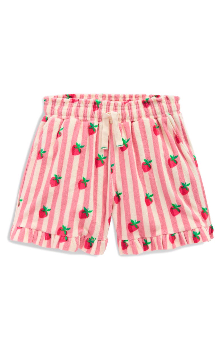 Mini Boden Kids' Cotton Blend Terry Ruffle Shorts, Main, color, Stawberry Stripe