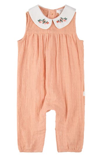 Firsts By Petit Lem Embroidered Collar Clip Dot Organic Cotton Gauze Romper In Orange