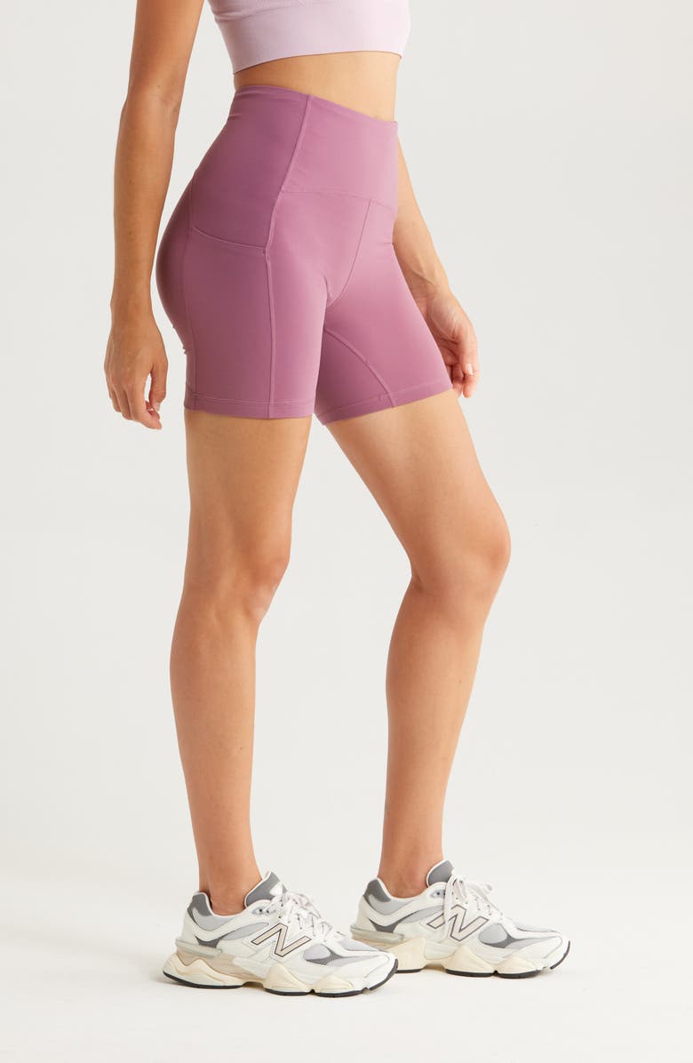 Zella Studio Luxe Pocket Bike Shorts, Alternate, color, Purple Thunder