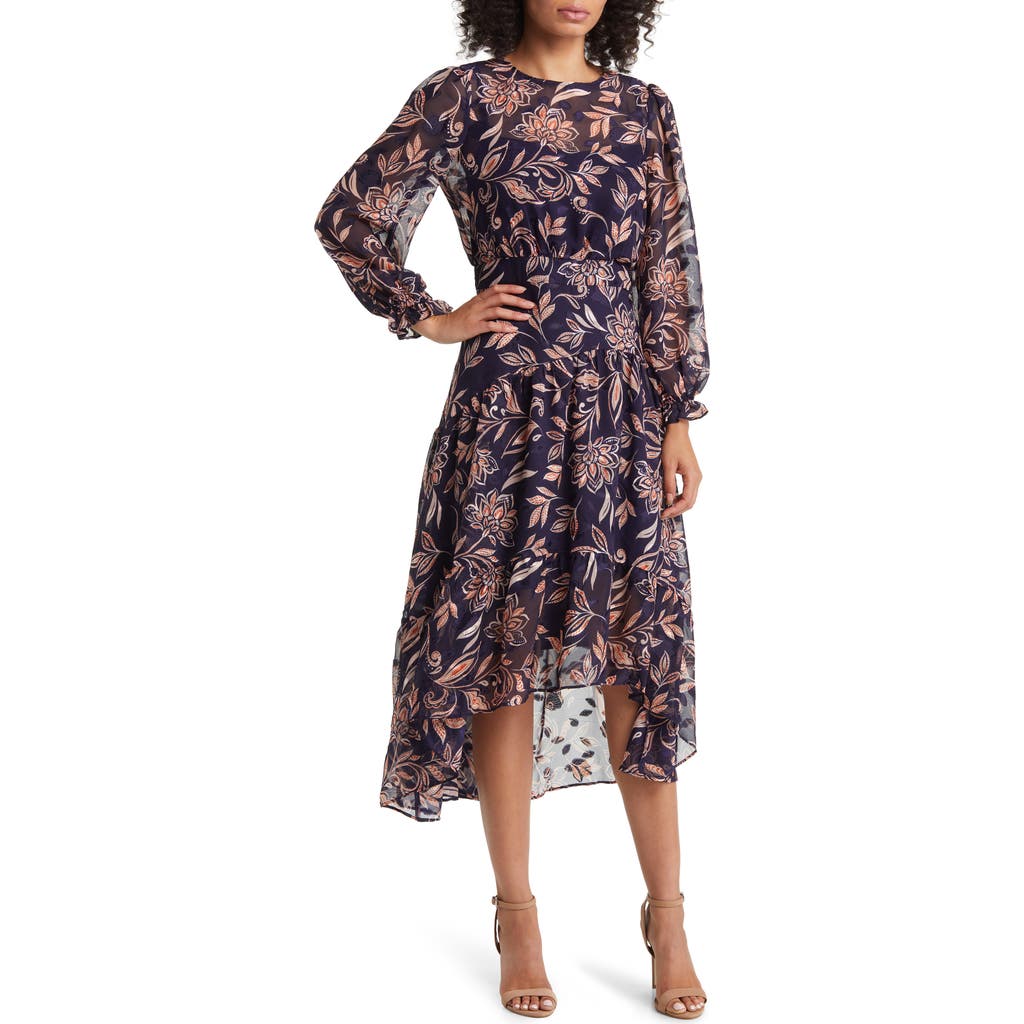 Eliza J Floral Long Sleeve Tiered Chiffon Dress In Blue