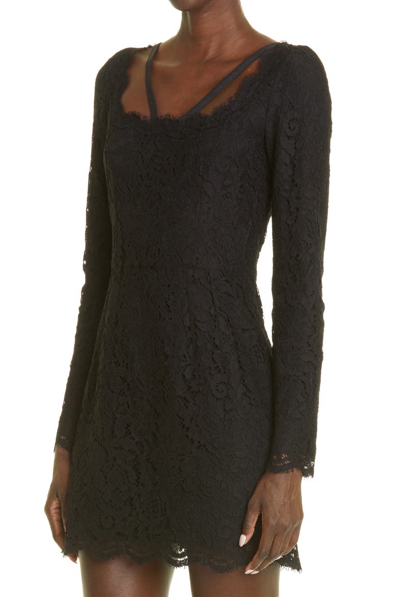 Logo Strap Long Sleeve Lace Minidress, Alternate, color, NERO