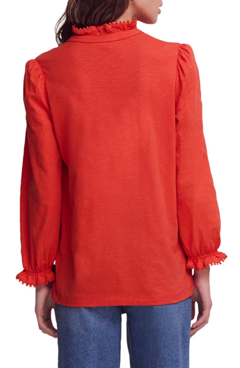 Boden Emily Pom Detail Ruffle Button-Up Shirt, Alternate, color, Aurora Red