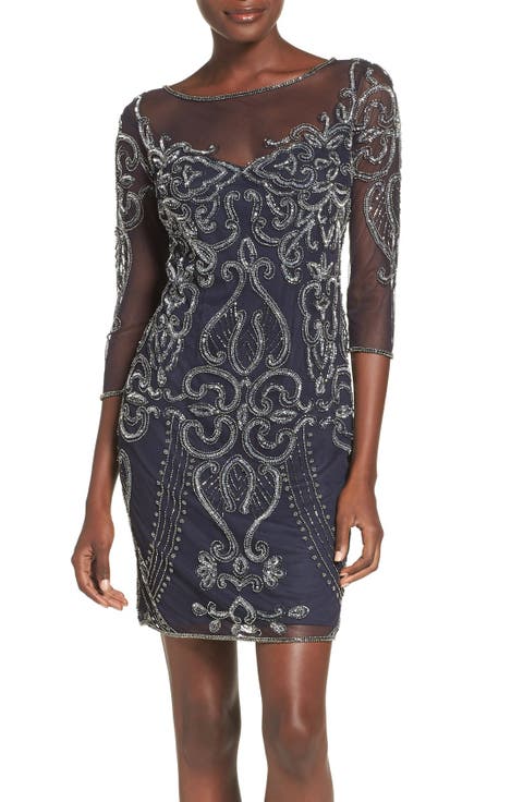 Beaded Mesh Sheath Dress