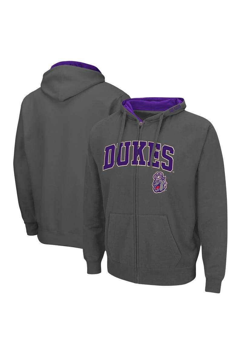 Men's Colosseum Charcoal James Madison Dukes Arch & Logo 3.0 Full-Zip Hoodie, Main, color, Charcoal