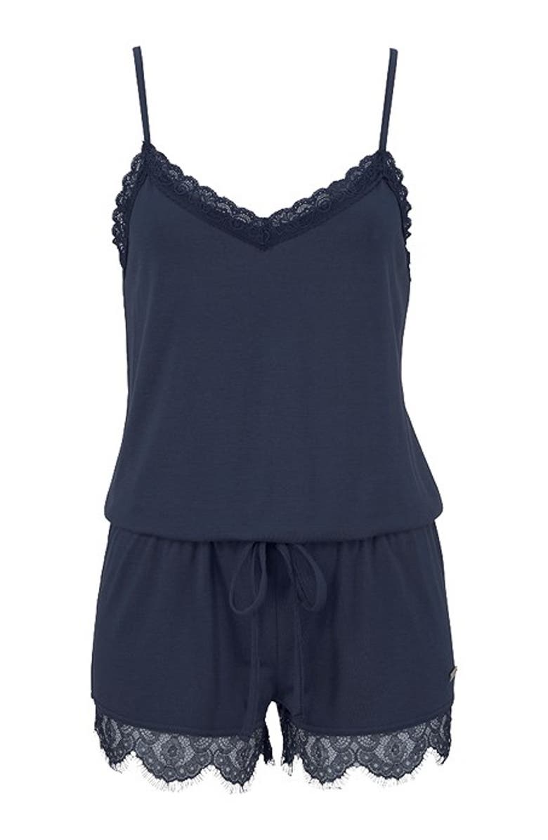 LASCANA Women's Lace Detail Pajama Romper, Alternate, color, Navy