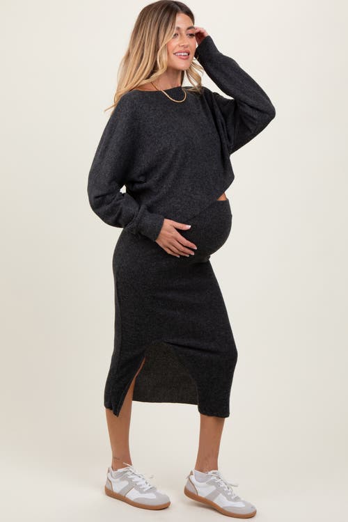 Pinkblush Ribbed Knit Asymmetric Top Midi Skirt Set In Gray