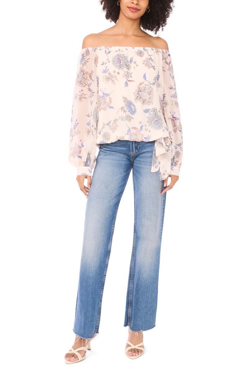 Vince Camuto Floral Off the Shoulder Tie Hem Top, Alternate, color, Vanilla Ice